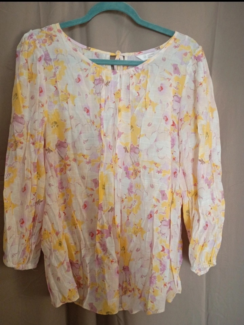LC Lauren Conrad White Floral Peasant Blouse with Yellow & Pink Accents